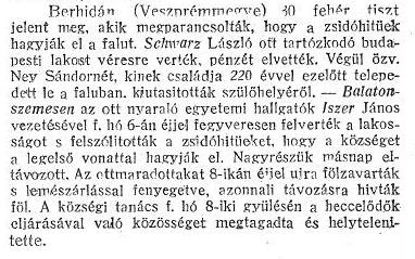Részlet a „A dunántúli zsidóüldözések aktáiból.” c. cikkből (Forrás: Egyenlőség, 1919. 09. 11., 14. o.)
